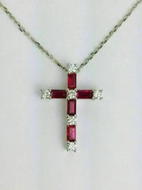2Ct Emerald Simulated Red Ruby Cross Pendant 14K White Gold Plated Free Chain - £45.89 GBP