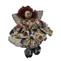 Vintage Folk Art Angel Doll Handmade Shelf Sitter Block Red Curly Hair Blue Eyes - £19.37 GBP