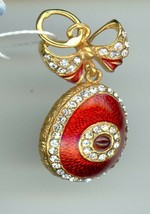 Russian Faux Silver Egg Pendant, red with circular stones &amp; red ruby-like stone - $54.39