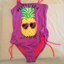 Girls Size 10 Justice swimsuit 1 piece purple pink metallic spaghetti st... - £13.99 GBP