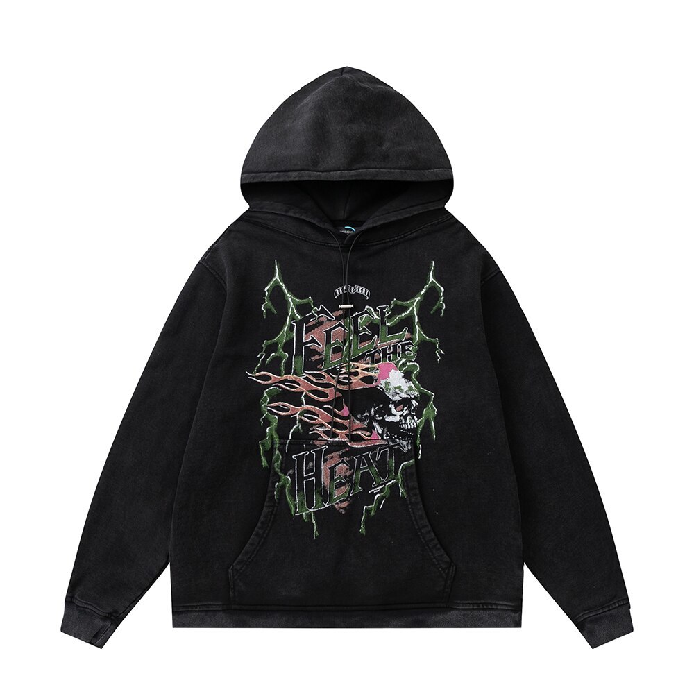Street Hip Hop Hoodie  Lightning Pullover Men's Harajuku Retro Worn Cotton Hoode - $195.12