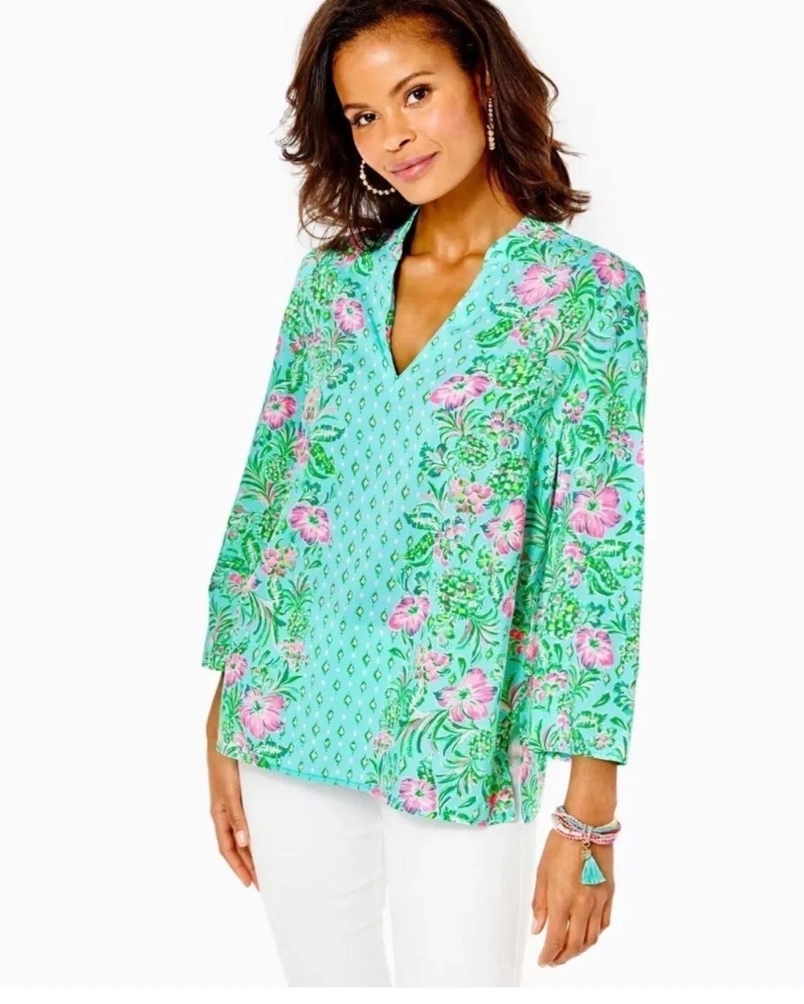 Lilly Pulitzer &quot;Oh Diamond Girl&quot; Luna Bay Tunic Surf Blue Floral Print W... - $105.60