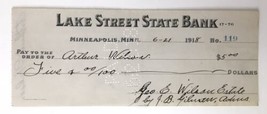 Lake Street State Bank Minneapolis Minnesota Antique Check 1918 #119 - $18.00