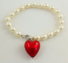 White Cultured PEARLS and Sterling Silver BRACELET with Red Glass Heart ... - £67.16 GBP