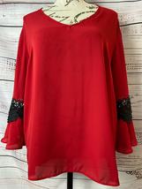 I.N. San Francisco V Neck Blouse Top Womens XL Lace Up Back 3/4 Bell Sleeves Red - £10.42 GBP