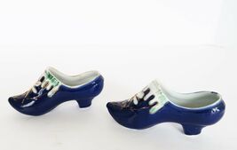 Pair of vintage ceramic miniature high heeled shoes blue glaze dragonfly... - $14.99