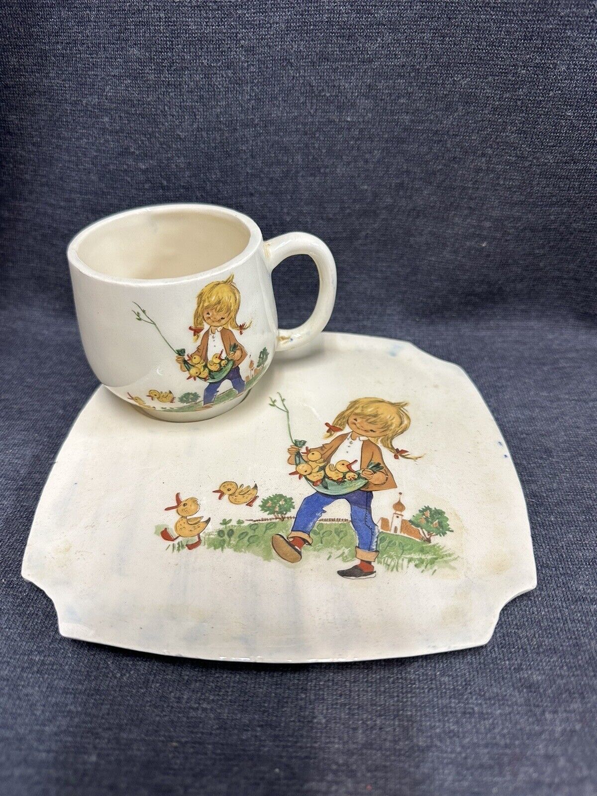 Vintage Ceramic Childs 2 piece Dinner Set with Cup and 6 3/8” Diameter Plate - $6.93