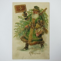 Vintage Christmas Postcard Santa Green Suit Tree Bag Toys Gold Embossed Antique - £16.03 GBP