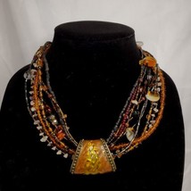 Chico&#39;s Boho Necklace 10 Strand Amber Colored Beaded Statement Pendant Vintage - £22.49 GBP