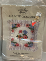 Something Special Counted Cross Stitch Kit Pink & Blue Poppy Pillow 1984 Vtg NEW - $13.83