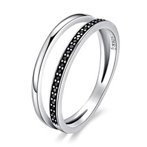 Genuine 925 Sterling Silver Double Circle Black Clear CZ Stackable Finger Ring f - £17.34 GBP