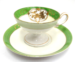 Royal Sealy China Tea Cup or Demitasse and Saucer Green Band Gilded Flowers - £8.67 GBP