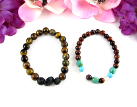 Pair Tigers Eye Red Agate Beaded Bracelet Vintage Polished Round Stones Stretch - £13.93 GBP