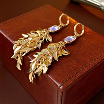 18K Gold Leavies with Purple Squre Crystal Earrings - £8.22 GBP