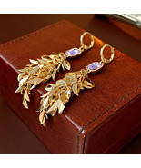 18K Gold Leavies with Purple Squre Crystal Earrings - £8.29 GBP