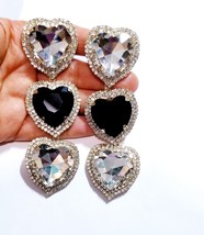 Black Clear Rhinestone Heart, CLIP ON Earrings, Oversized Chandelier Earrings, D - £46.76 GBP