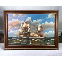 J. Harvey Ships Battle at Sea Signed Oil Painting Large Framed Battling Art - £435.24 GBP