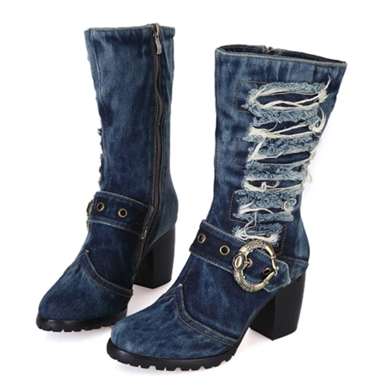 New Arrival High Heel Mid-calf Blue Jeans Boots Cool Appliques Denim Boots For W - £216.53 GBP