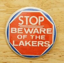 Vintage Sports Pinback Button Stop Beware The Lakers Basketball Team NBA - $12.86