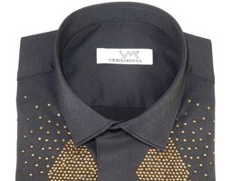 Men CEREMONIA Turkey Shirt 100% Cotton Fancy Rhine Stones #Rio 15 Black Slim Fit image 6