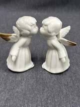 Small White Bisque Kissing Angels Figurines Gold Tipped Wings Set Of 2 - £7.45 GBP