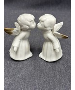 Small White Bisque Kissing Angels Figurines Gold Tipped Wings Set Of 2 - £7.58 GBP