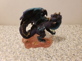 Resin Dragon figurine Blue &amp; Purple holding glass ball on rock crystal formation - £6.38 GBP