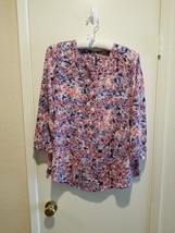 NYDJ Womens L Blouse Blue Pink 3/4 Sleeve Button Down Blouse Shirt Top Pleats - £27.22 GBP