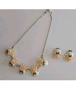 Vintage ~ Sea Shell ~ Pink Flower &amp; Faux Pearl Necklace &amp; Clip-On Earrin... - $70.16 CAD
