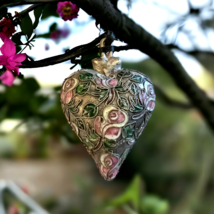 VTG Enamel Cloisonné Floral Heart Ornament 3&quot; Flowers Silver Vintage - £10.27 GBP