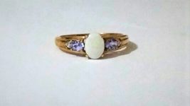 10 K Yellow Gold Opal Oval, Purple Tanzanite &amp; Diamond Ring, Size 7, 0.73(Tcw) - £160.84 GBP
