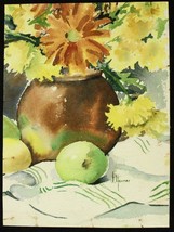 Vintage Watercolor Original Art Still Life Apples Floral Arrangement J Hammer - £24.45 GBP