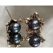 14K Yellow Gold &amp; Black Pearls Stud Earrings Sky - $236.41