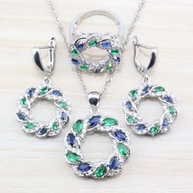 Unique Blue  Green Cubic Zirconia  Silver Color Women Jewelry Set Ring Size 6/7/ - £19.18 GBP
