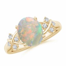 Solitaire Oval Opal Criss Cross Ring with Diamonds in 14K Yellow Gold Size 6 - £906.81 GBP