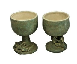 Vintage Art Pottery Signed Celadon Goblets With Lizards Amphibians Set of Two - £43.84 GBP