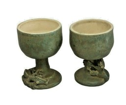 Vintage Art Pottery Signed Celadon Goblets With Lizards Amphibians Set of Two - £44.21 GBP