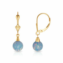 14K Yellow Gold 6MM Ball Shaped Light Blue Fire Opal Leve Back Dangle Earrings - £104.84 GBP