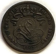 1862 Belgium 1 Centime Leopold Copper Lion &amp; Constitution Coin - £10.07 GBP