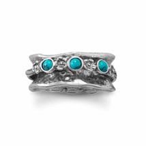 925 Sterling Silver Reconstituted Turquoise &amp; Flower Design Oxidized Spin Ring - £118.86 GBP