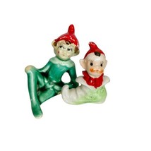 Vtg Pixie Elf Japan Ceramic Pair Sitting In Shoe Leaning On Elbow Christmas Read - £24.26 GBP