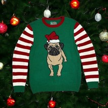 Pug Dog Ugly Christmas Sweater Women/Men Size Medium Green Red Candy Cane Stripe - £8.85 GBP