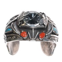 6 7/8&quot; Bisbee turquoise and coral David K Lister Navajo sterling watch cuff - £607.35 GBP