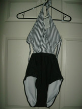 NEW Womens Monokini Swimsuit sz L 12/4 black white stripe 1 pc halter backless - £9.67 GBP