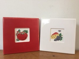 Pair Vtg Tomato Cheese Wine Red White Cork Backed Ceramic Tile Trivets 6&quot;x6&quot; - £29.56 GBP