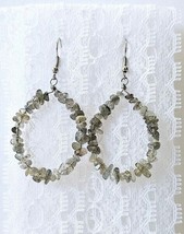 Gray Labradorite Chip Hoop Boho Handcrafted Earrings - £7.10 GBP