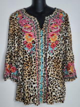 Savannah Jan Womens Medium Tunic Blouse Shirt Leopard Print Floral Bell ... - £21.52 GBP