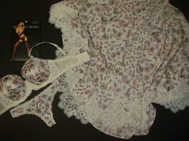 Victoria&#39;s Secret 34D,34DD,34DDD Bra Set+M Kimono Robe White Blue Satin Floral - £111.05 GBP