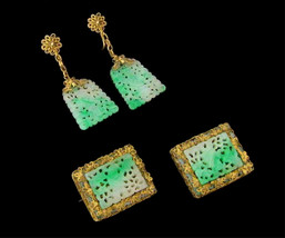 Antique Carved Moss in Snow Jadeite Sterling Gilt Filigree 2 Brooches &amp; Earrings - £365.78 GBP