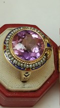 Antique 14k yellow Gold Ring Amethyst Seed Pearl Enamel, early 1900s - £1,435.51 GBP